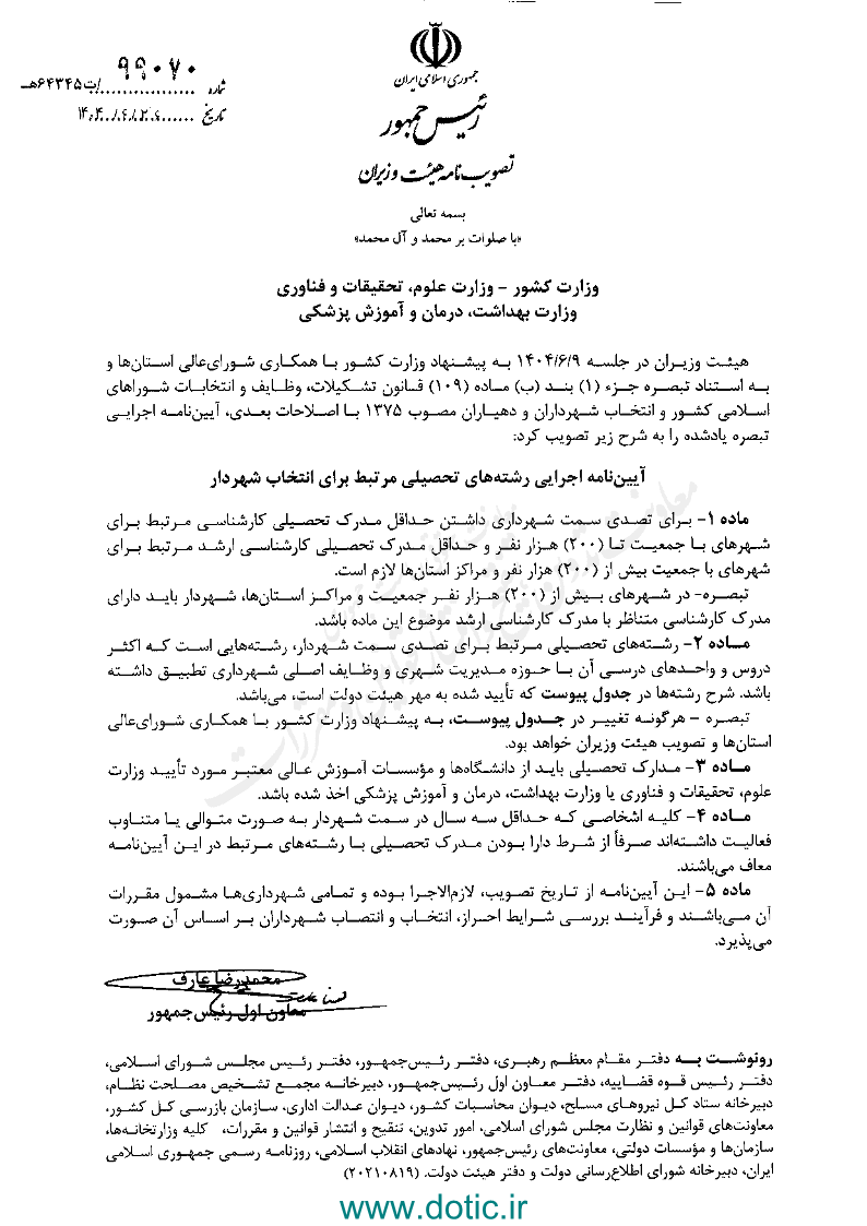 آیین نامه اجرایی رشته های تحصیلی مرتبط برای انتخاب شهردار