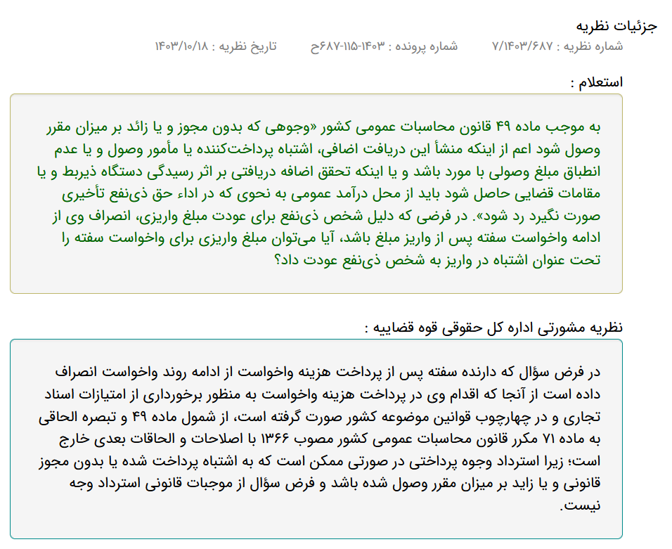 نظریه مشورتی با موضوع استرداد وجوه پرداختی طبق قانون محاسبات عمومی کشور