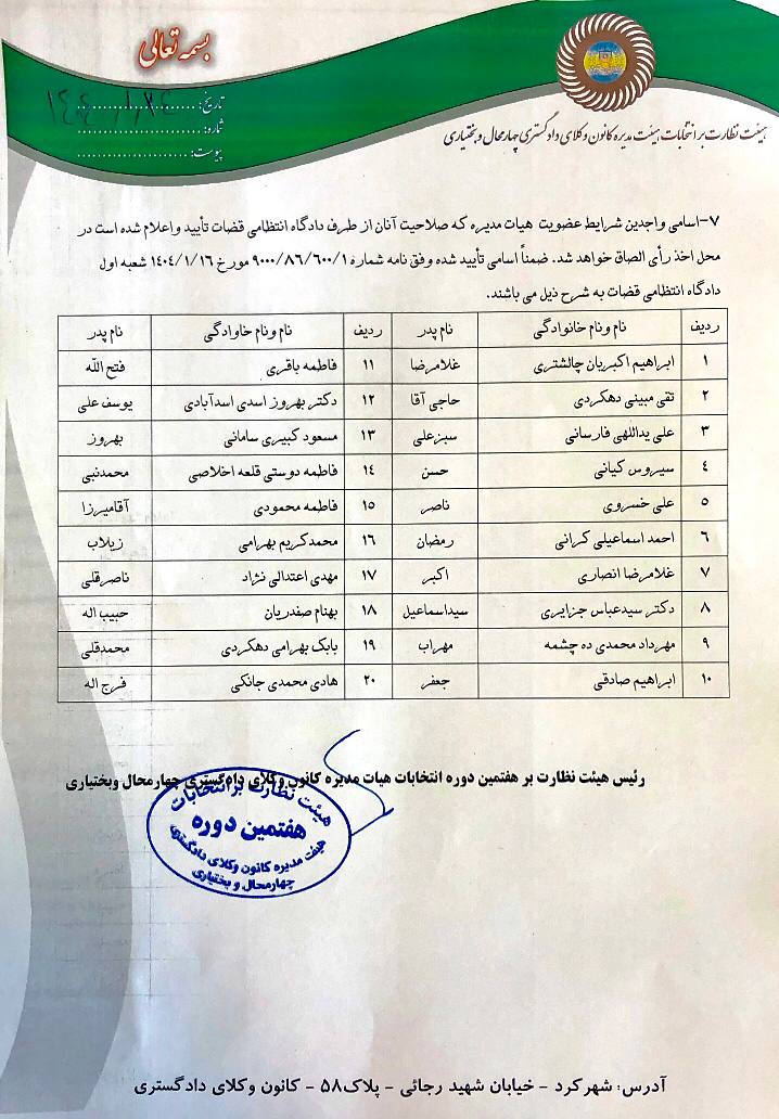 انتخابات هفتمین دوره هیات مدیره کانون وکلای دادگستری چهار محال بختیاری در خرداد ماه برگزار خواهد شد+ اسامی نامزدها