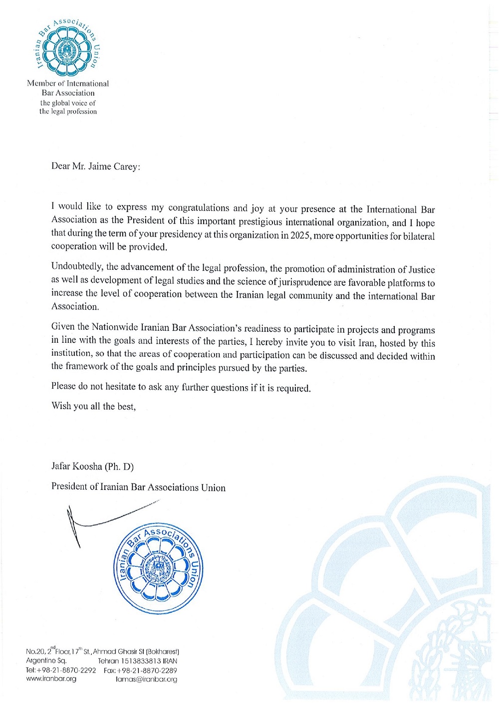 دعوت رئیس اسکودا از رییس جدید کانون بین المللی وکلا برای سفر به ایران
