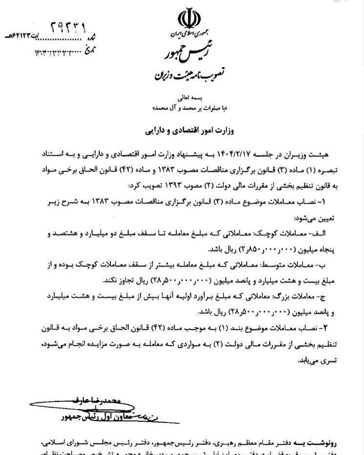 نصاب معاملات موضوع ماده (۳) قانون برگزاری مناقصات برای سال ۱۴۰۴