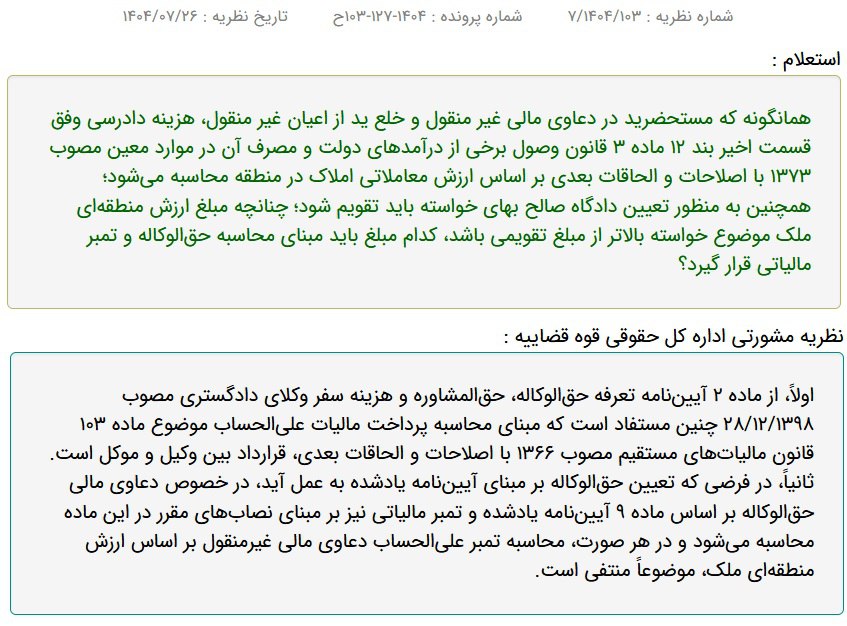 نظریه مشورتی اداره کل حقوقی قوه قضاییه درخصوص نحوه محاسبه حقالوکاله و تمبر مالیاتی دعاوی مالی غیرمنقول