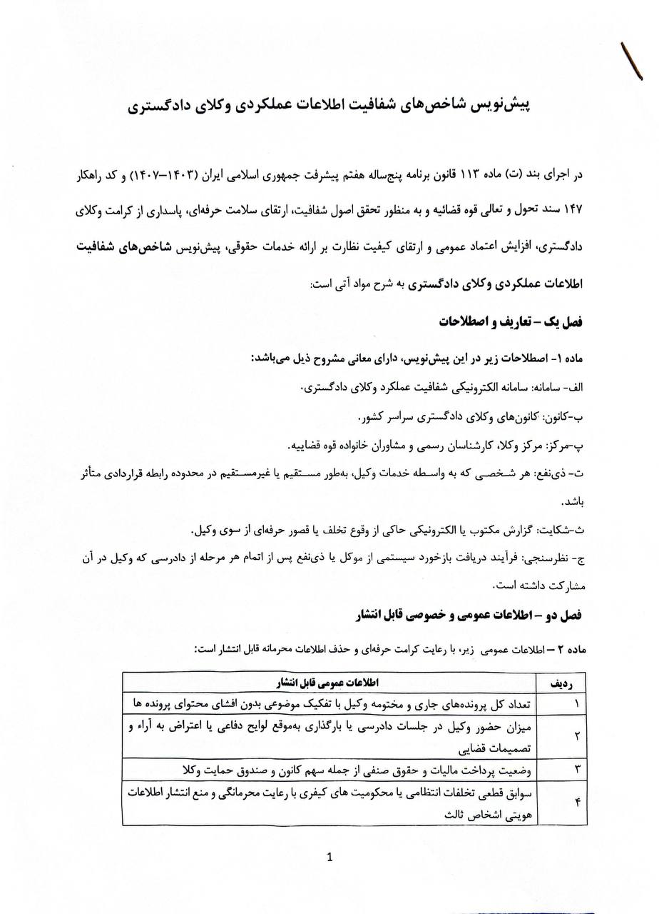 پیش نویس شاخص های شفافیت اطلاعات عملکردی وکلای دادگستری کانون وکلای دادگستری مرکزی