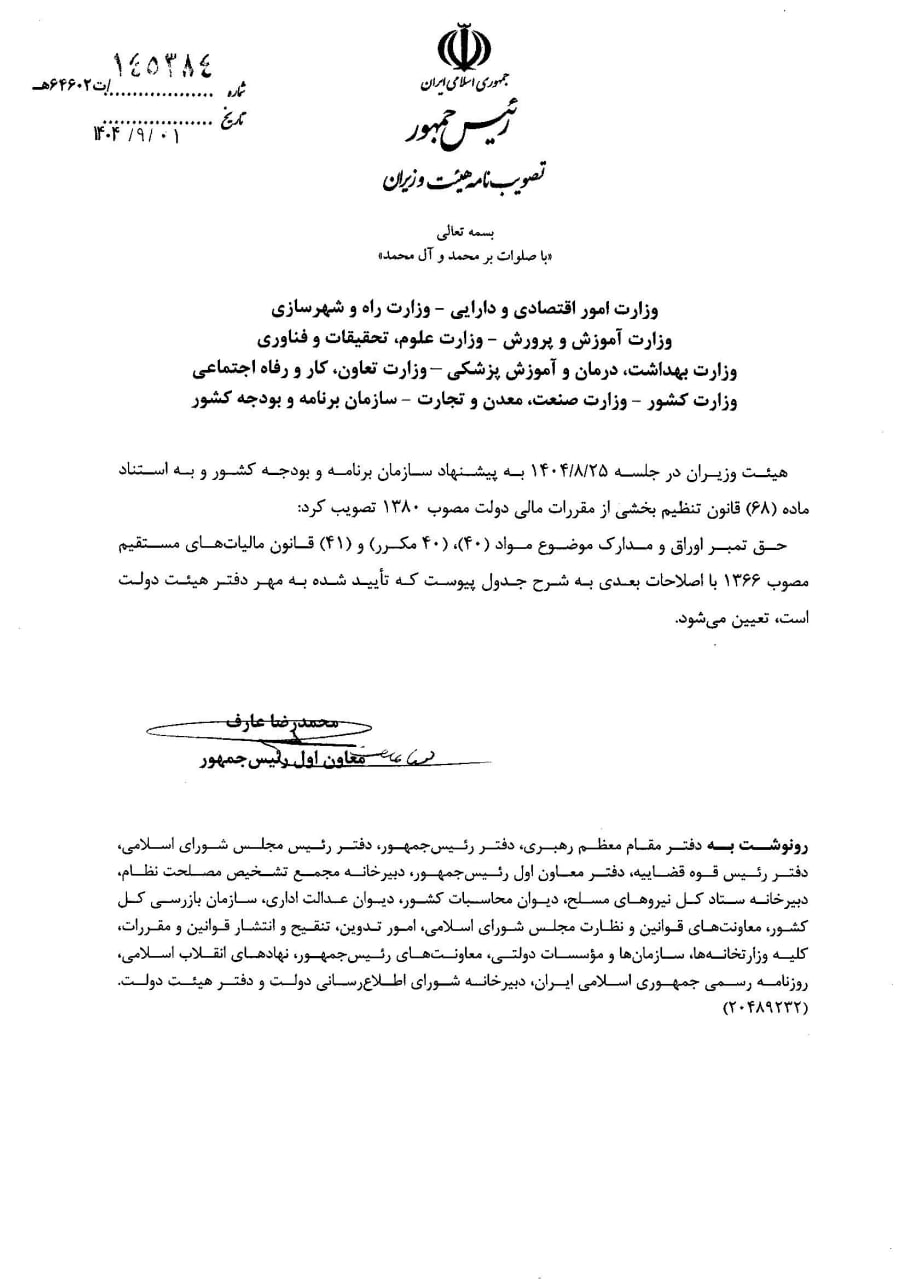 مصوبه تعیین حق تمبر اوراق و مدارک موضوع مواد ۴۰، ۴۰ مکرر و ۴۱ قانون مالیات های مستقیم