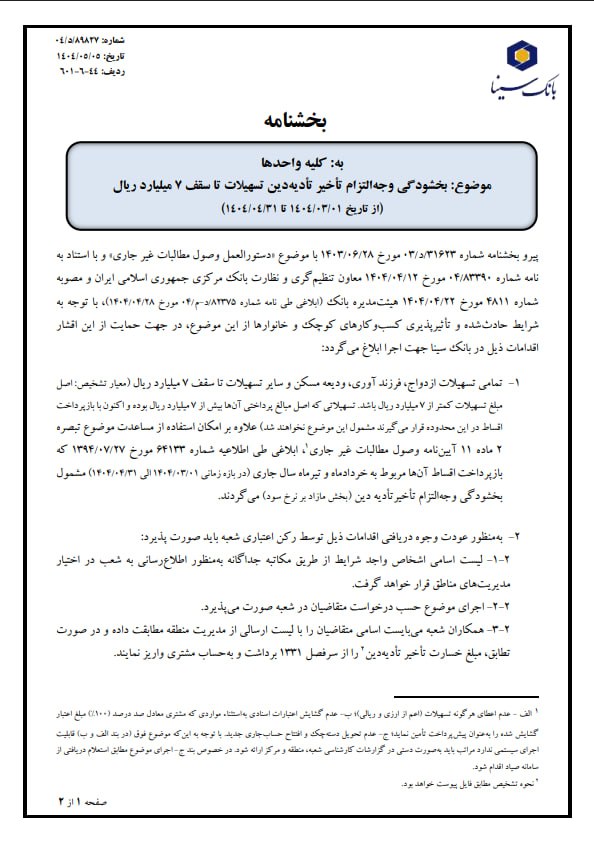 بخشنامه بخشودگی وجه التزام تاخیر تادیه دین (بخش مازاد بر نرخ سود) برای تسهیلات ازدواج، فرزندآوری، ودیعه مسکن و تمامی وام ها تا سقف ۷ میلیارد ریال