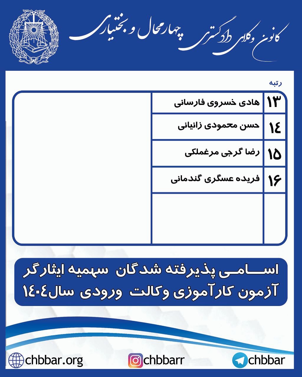 اسامی پذیرفته شدگان کانون وکلای دادگستری چهارمحال و بختیاری در آزمون وکالت ۱۴۰۴