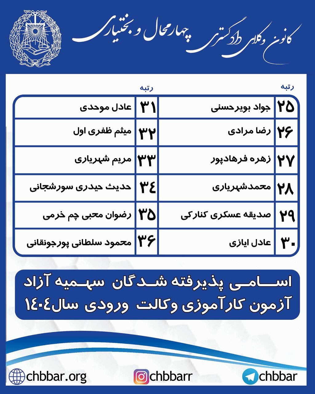 اسامی پذیرفته شدگان کانون وکلای دادگستری چهارمحال و بختیاری در آزمون وکالت ۱۴۰۴