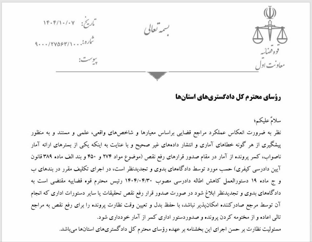 بخشنامه معاون اول قوه قضاییه درباره نحوه ثبت آماری پرونده‌های منتهی به قرار رفع نقص