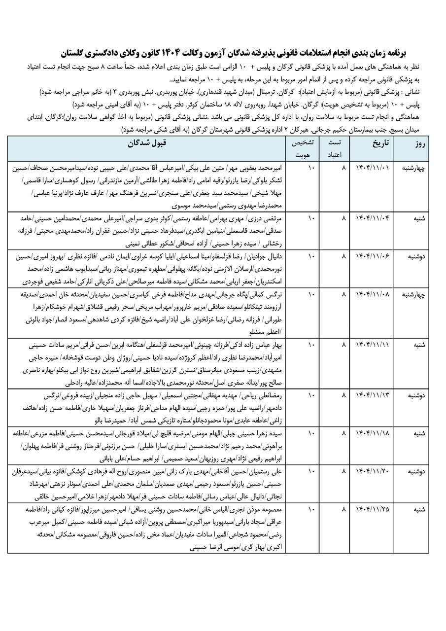  استعلامات قانونی پذیرفته شدگان آزمون وکالت ۱۴۰۴ کانون وکلای دادگستری گلستان 