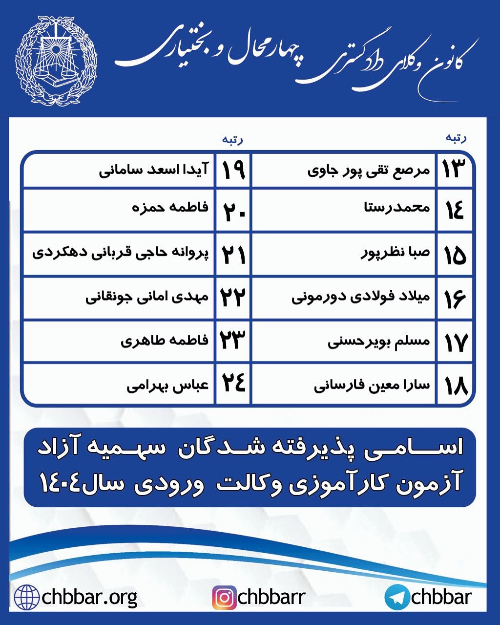 اسامی پذیرفته شدگان کانون وکلای دادگستری چهارمحال و بختیاری در آزمون وکالت ۱۴۰۴