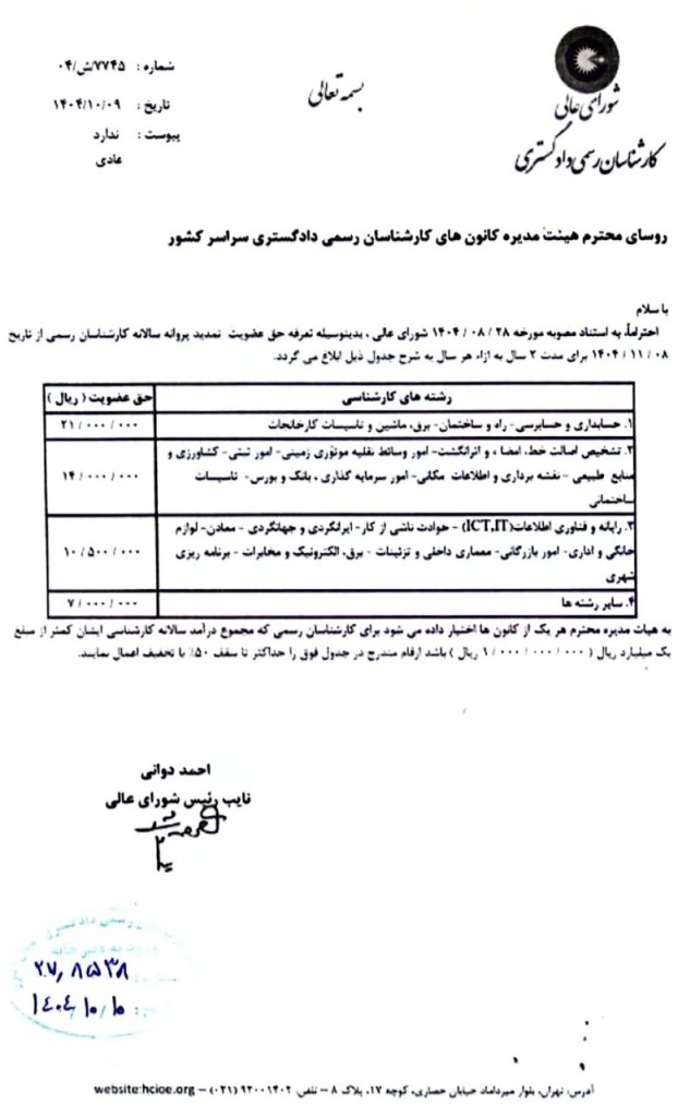  تعرفه حق عضویت تمدید پروانه سالانه کارشناسان رسمی