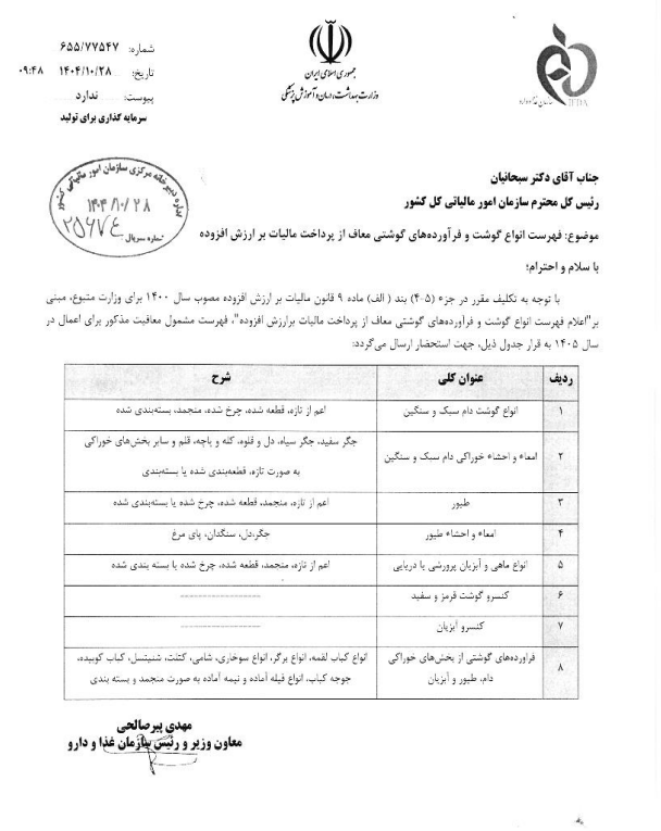 فهرست انواع گوشت و فرآوردههای گوشتی معاف از مالیات بر ارزش افزوده در سال ۱۴۰۵