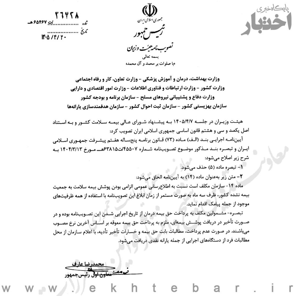 اصلاح آیین نامه اجرایی بند الف ماده ۷۳ قانون برنامه پنج ساله هفتم پیشرفت و تبصره بند مذکور