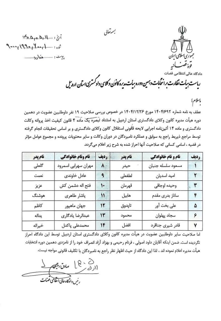اسامی نامزدهای تایید صلاحیت شده دهمین دوره انتخابات هیات مدیره کانون وکلای دادگستری اردبیل
