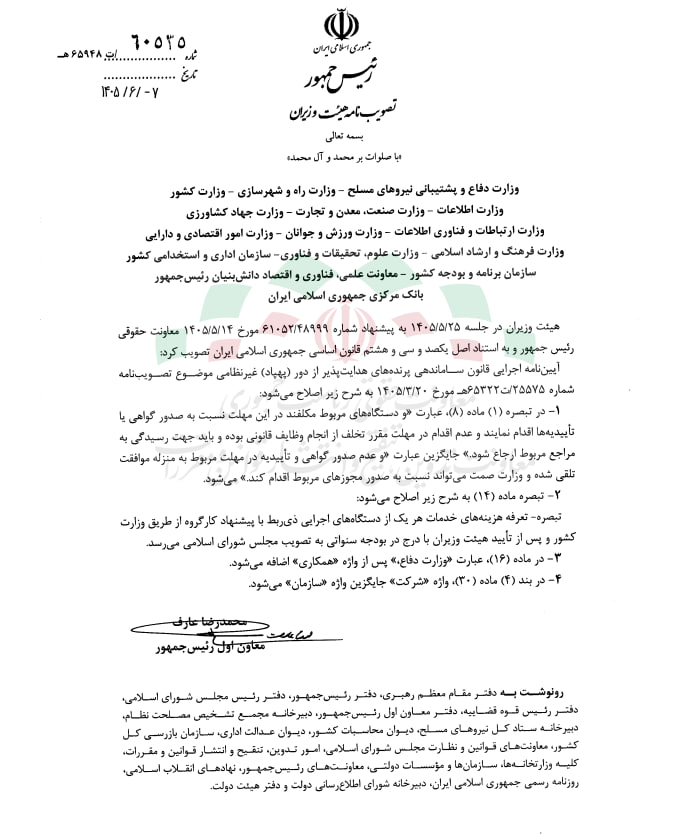 اصلاح آیین نامه اجرایی قانون ساماندهی پرنده های هدایت پذیر از دور (پهپاد) غیرنظامی